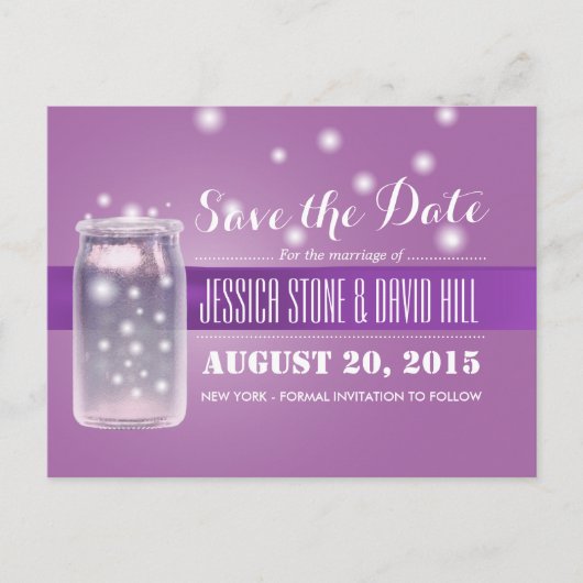 Mason Jar & Fireflies Save the Date Paars Aankondigingskaart (Voorkant)