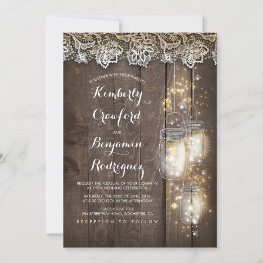 Mason Jar Firefly Lights en Lace Rustic Wedding Kaart (Voorkant)