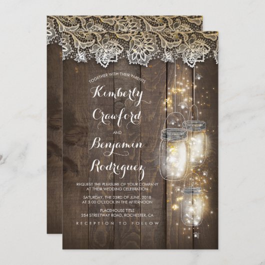 Mason Jar Firefly Lights en Lace Rustic Wedding Kaart (Voorkant / Achterkant)