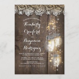 Mason Jar Firefly Lights en Lace Rustic Wedding Kaart