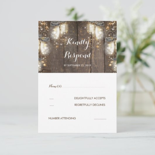 Mason Jar Firefly Lights Rustieke bruiloft RSVP (Staand voorkant)