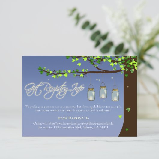 Mason Jar Firefly Oak Tree Gift Registry Informatiekaartje (Staand voorkant)