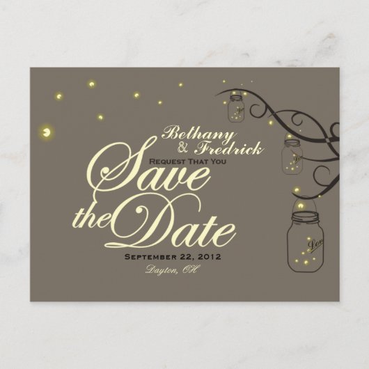 Mason Jar & Firefly Save the Date Briefkaart Latte (Voorkant)