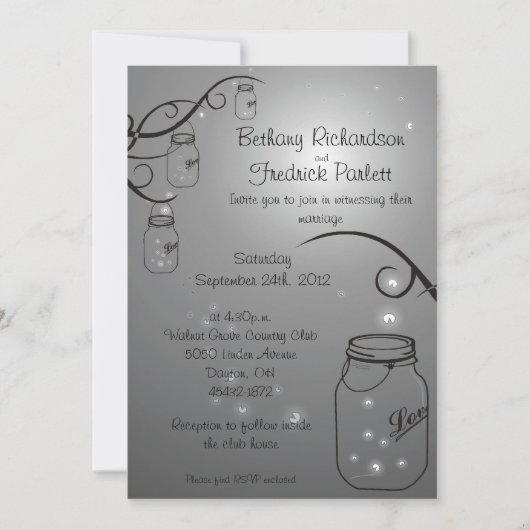 Mason Jar Firefly Wedding Invitation Grey Black Kaart (Voorkant)