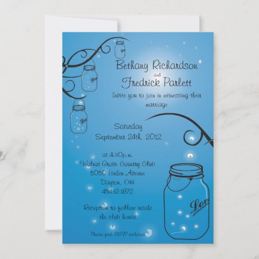 Mason Jar Firefly Wedding Invitation Medium Blue Kaart (Voorkant)