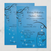 Mason Jar Firefly Wedding Invitation Medium Blue Kaart (Voorkant / Achterkant)