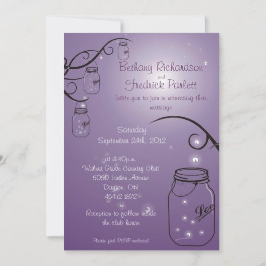 Mason Jar Firefly Wedding Invitation Paars Grape Kaart (Voorkant)