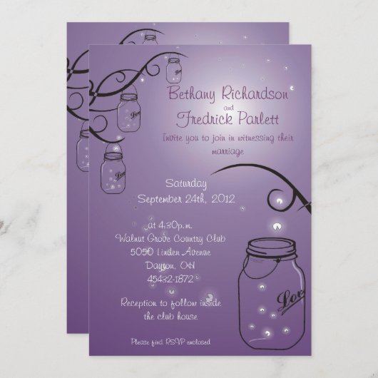 Mason Jar Firefly Wedding Invitation Paars Grape Kaart (Voorkant / Achterkant)
