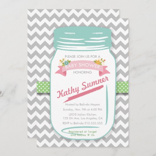 Mason Jar Floral Baby shower Uitnodiging (Voorkant / Achterkant)