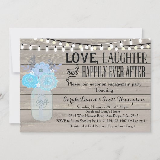 Mason Jar Floral Blue Verloving Part Invitation Kaart (Voorkant)