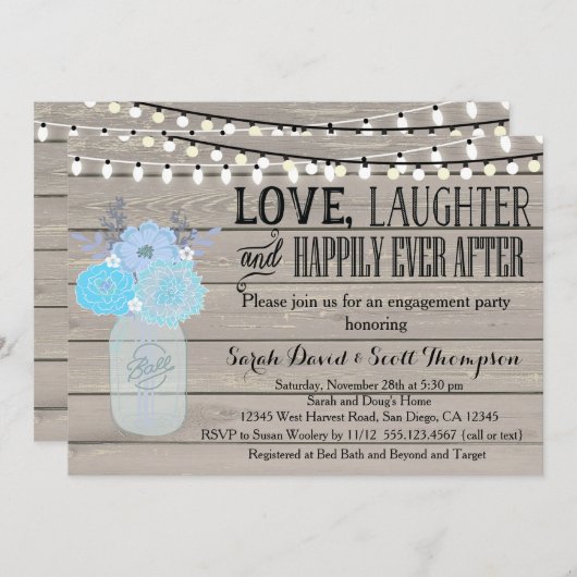 Mason Jar Floral Blue Verloving Part Invitation Kaart (Voorkant / Achterkant)