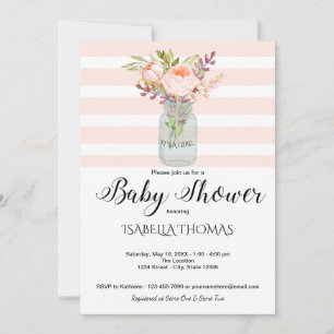 Mason Jar Floral Boeket Blue Stripes Baby shower Kaart