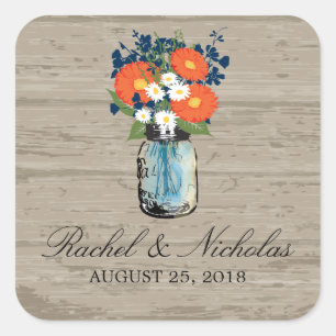 Mason Jar Floral Bruiloft Vierkante Sticker