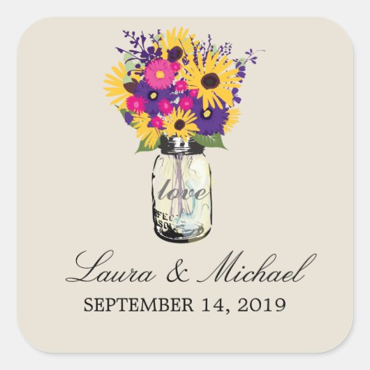 Mason Jar Floral Bruiloft Vierkante Sticker (Voorkant)