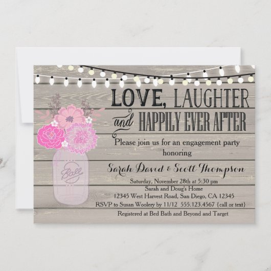 Mason Jar Floral Pink Engagement Part Uitnodiging (Voorkant)