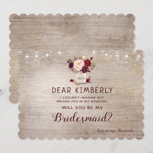 Mason Jar Floral Rustic wordt mijn bruidsmeisje Kaart (Voorkant / Achterkant)