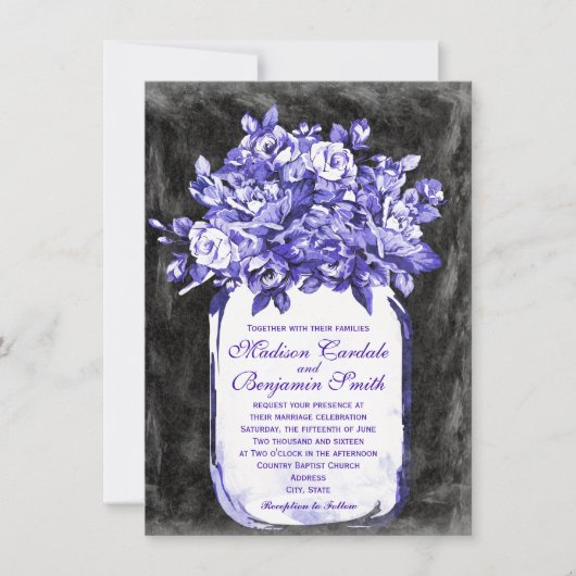 Mason Jar Flower Chalkboard Wedding Invites Indigo Kaart (Voorkant)