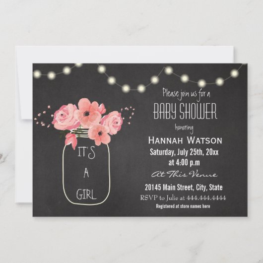 Mason Jar Flowers Lights Chalkboard Baby shower Kaart (Voorkant)
