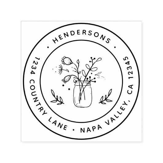 Mason Jar Flowers Rond retouradres Zelfinktende Stempel (Design)