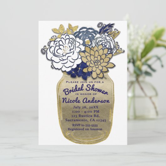 Mason Jar Flowers Rustic Blue Gold Floral Bridal Kaart (Staand voorkant)