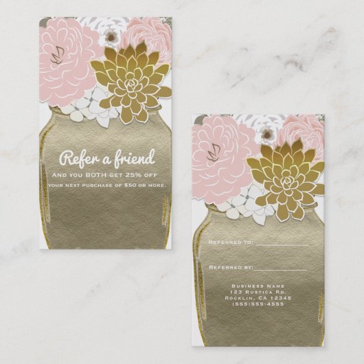 Mason Jar Flowers Rustic Gold Pink Verwijs een vri Aanbevelingskaartje (Voorkant / Achterkant)
