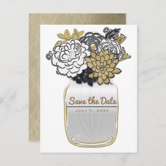 Mason Jar Flowers Rustic Grey Gold Save the Date Aankondigingskaart (Voorkant / Achterkant)