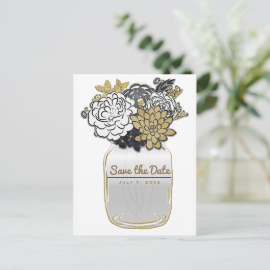 Mason Jar Flowers Rustic Grey Gold Save the Date Aankondigingskaart (Staand voorkant)
