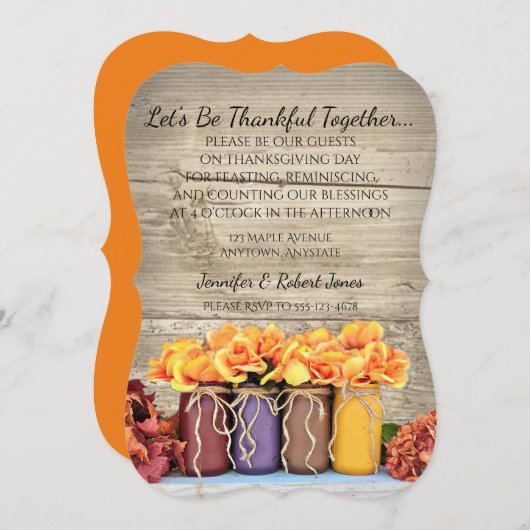 Mason Jar Flowers Rustic Thanksgiving Invitation Kaart (Voorkant / Achterkant)