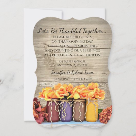 Mason Jar Flowers Rustic Thanksgiving Invitation Kaart (Voorkant)