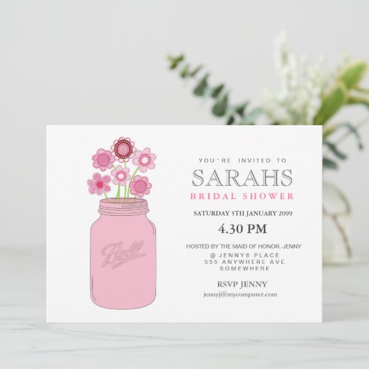 Mason Jar Flowers Vrijgezellenfeest Party Invite Kaart (Staand voorkant)