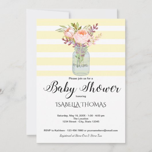 Mason Jar Flowers Yellow Stripes Baby shower Kaart (Voorkant)