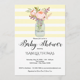 Mason Jar Flowers Yellow Stripes Baby shower Kaart