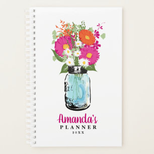 Mason Jar Fuchsia Roze Sinaasappel Gerber Daisies Planner