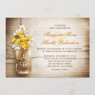 Mason jar & gele witte bloemen bruiloft uitnodigin kaart