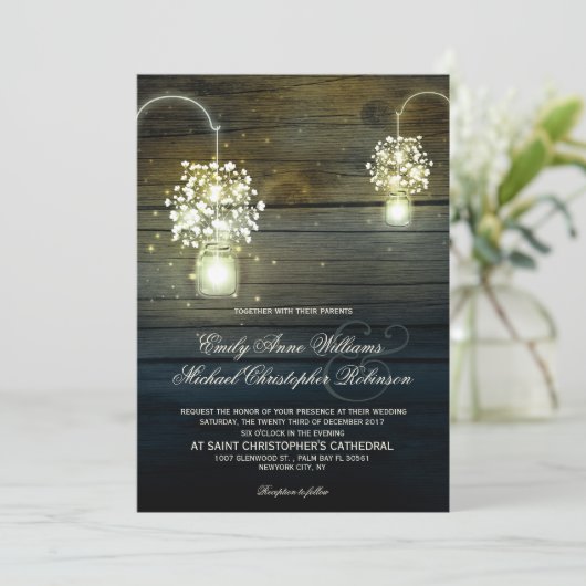 Mason Jar gloeiende Lichten bloemenrustieke bruilo Kaart (Staand voorkant)