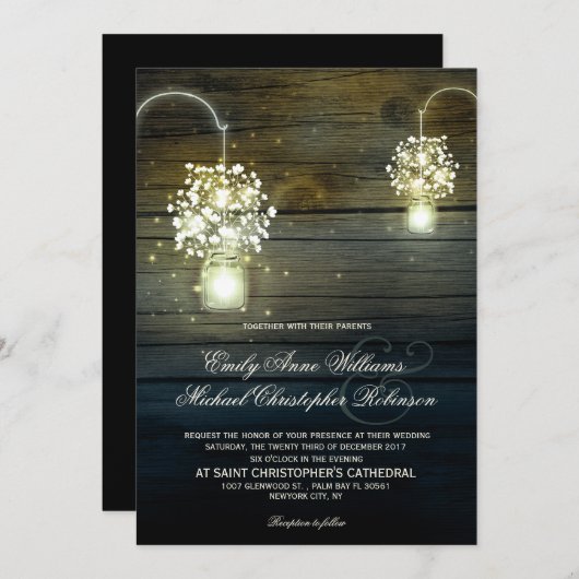 Mason Jar gloeiende Lichten bloemenrustieke bruilo Kaart (Voorkant / Achterkant)