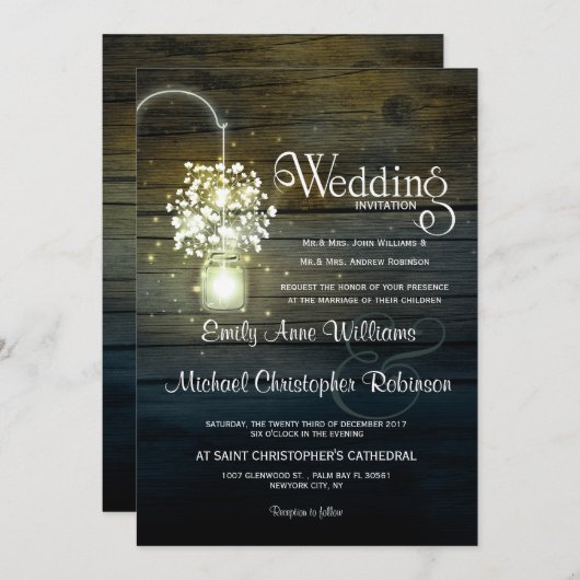Mason Jar gloeiende Lichten bloemenrustieke bruilo Kaart (Voorkant / Achterkant)