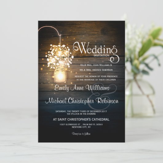 Mason Jar gloeiende Lichten bloemenrustieke bruilo Kaart (Staand voorkant)