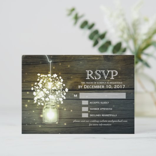 Mason Jar gloeiende Lights floral RSVP kaart (Staand voorkant)