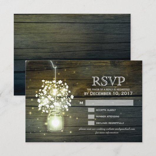 Mason Jar gloeiende Lights floral RSVP kaart (Voorkant / Achterkant)