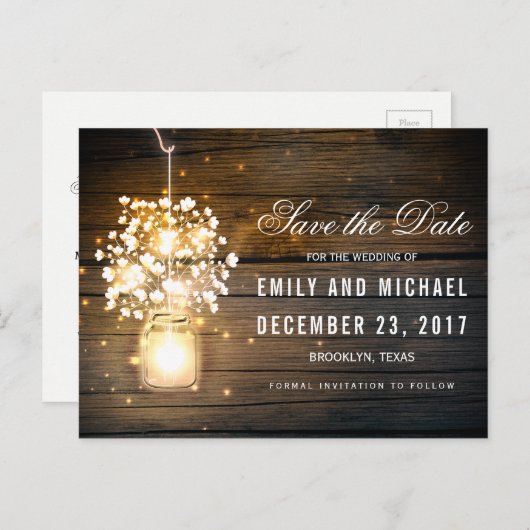 Mason Jar glowing Lights floral save the date Aankondigingskaart (Voorkant / Achterkant)