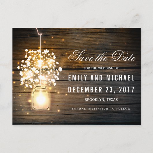 Mason Jar glowing Lights floral save the date Aankondigingskaart (Voorkant)