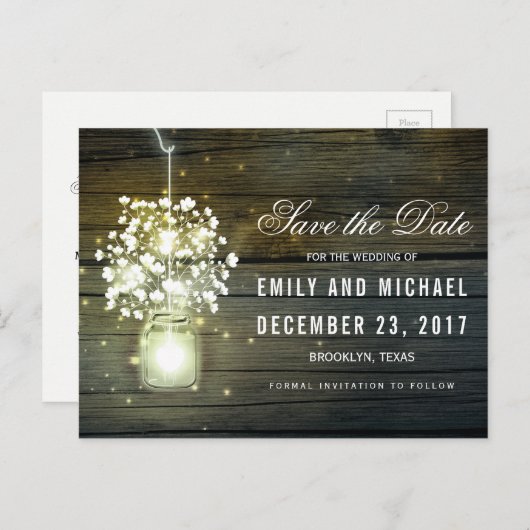 Mason Jar glowing Lights floral save the date Aankondigingskaart (Voorkant / Achterkant)