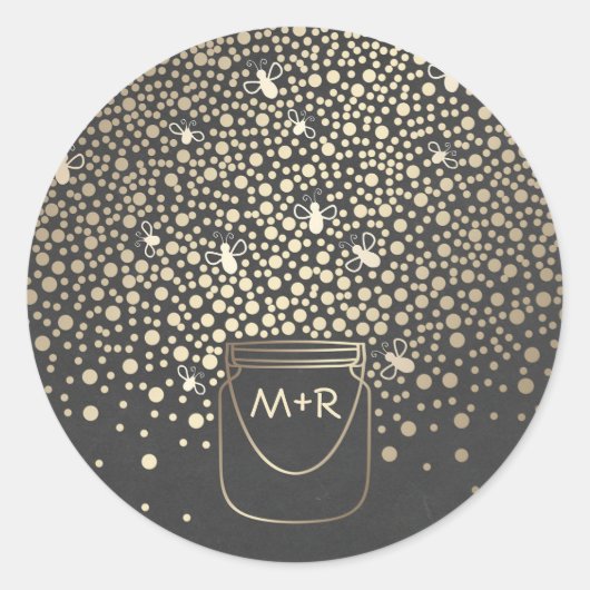 Mason Jar Gold Fireflies Rustieke krijtbord Bruilo Ronde Sticker (Voorkant)
