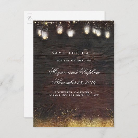Mason Jar Gold Lights Rustiek Save the Date Aankondigingskaart (Voorkant / Achterkant)