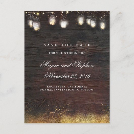 Mason Jar Gold Lights Rustiek Save the Date Aankondigingskaart (Voorkant)