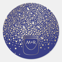 Mason Jar Goud Vuurvliegjes Rustieke Navy Bruiloft Ronde Sticker
