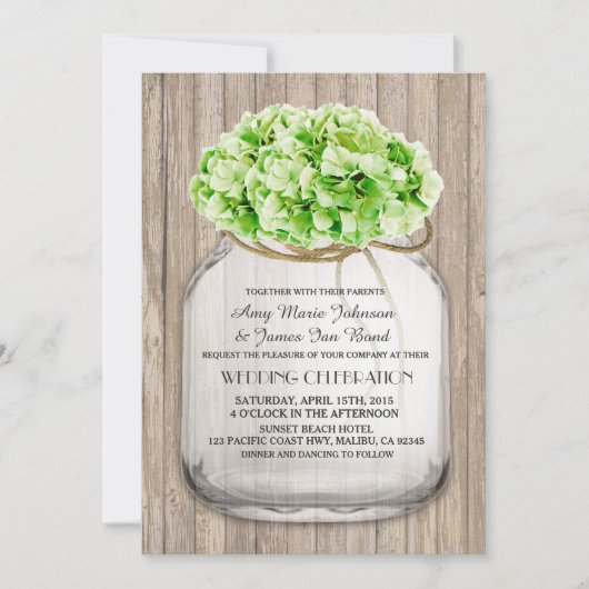 Mason jar green hydrangea bruiloft nodigt hyd4 uit kaart (Voorkant)