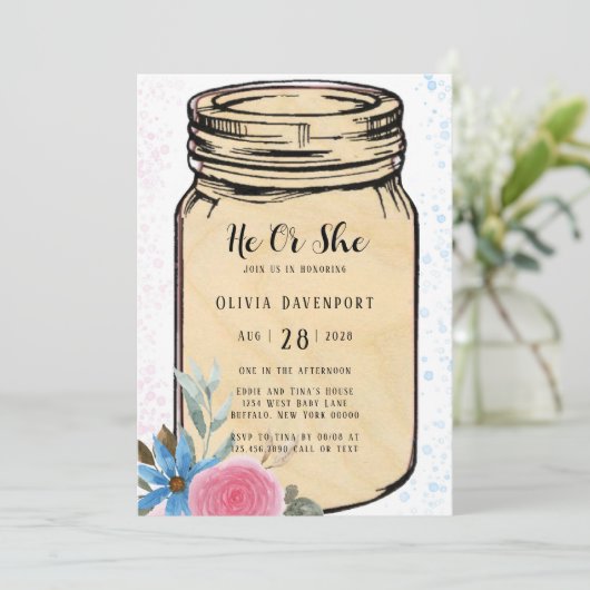Mason Jar He or she Gender onthulling Baby shower  Kaart (Staand voorkant)