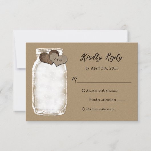 Mason Jar Hearts Lights Kraft Wedding RSVP Kaart (Voorkant)